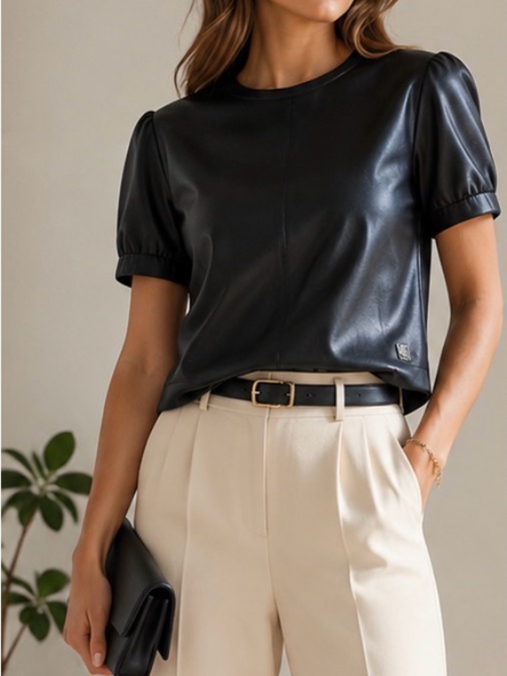 Calvin Klein Faux Leather Top XS NWT Black Quiet Luxury Minimalist